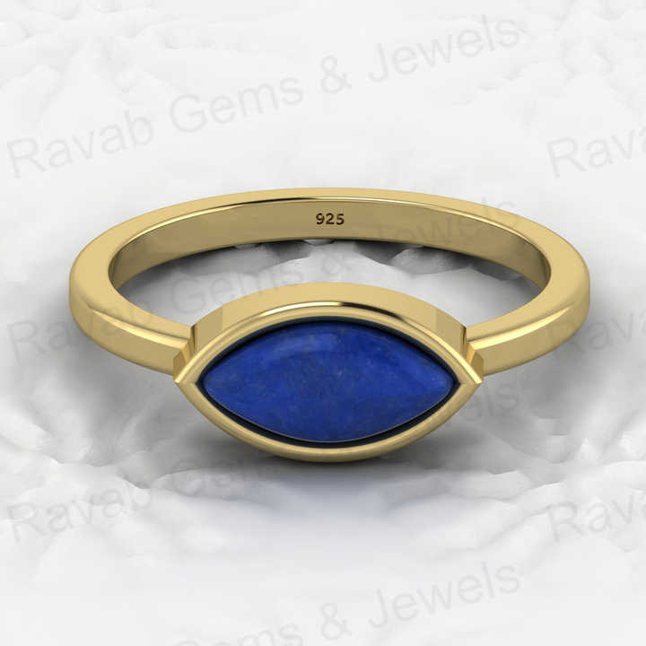 Top Selling Genuine 925 Sterling Silver Natural 5x10mm Lapis Lazuli Gemstone Marquise Bezel Ring for Women Fine Jewelry