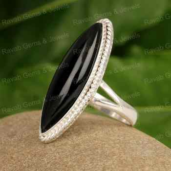 Fine Quality Genuine Black Onyx Marquise Shape Solid 925 Sterling Silver Bezel Setting Designer Women Handmade Cocktail Ring