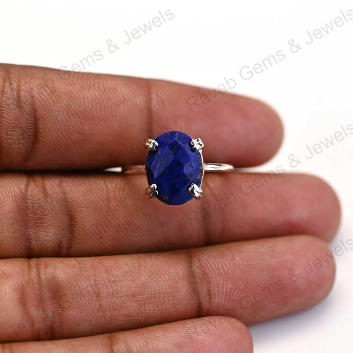 Top Selling Solid 925 Sterling Silver Natural Lapis Lazuli Oval Checker Cut Setting Ring for Women Fine Handmade Jewelry