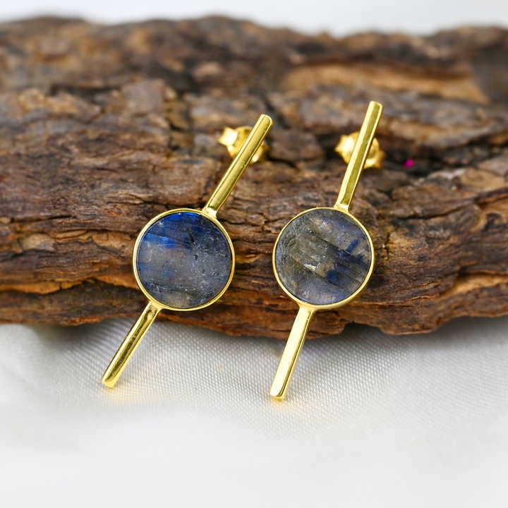 Genuine Solid 925 Sterling Silver Natural Madagascar Labradorite Round Flat 10mm Bezel Setting Fine Stud Earring For Women's