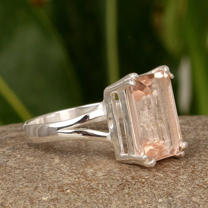 Top Quality Morganite Quartz Baguette Shape 10X14mm Solid 925 Sterling Silver Double Prong Set Fine Women Handmade Ring Supplier