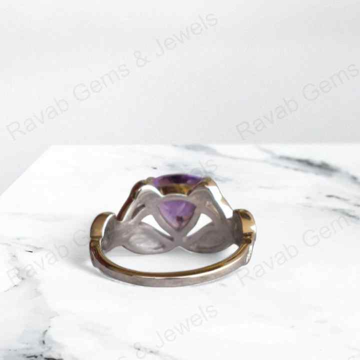 Best Quality Solid 925 Sterling Silver Natural Purple Amethyst 10mm Trillion Cut Leaf Design Ring for Women Handmade Jewelry