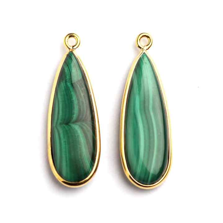 Best Selling 10x25mm Malachite Gemstone Gold Plated 925 Sterling Silver Bezel Teardrop Pendant for Men and Women