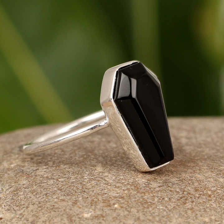 Top Selling New Design Natural Black Onyx Gemstone 925 Sterling Solid Silver 10x17mm Coffin Shape Dainty Ring Women Jewelry