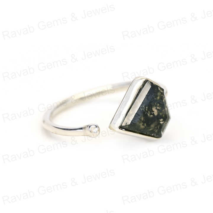 Superb Quality Natural Green Moss Agate Ring Sterling 925 Silver 10x10mm Faceted Bezel Setting Adjustable Ring for Fine Women