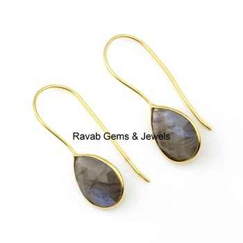 Women's Latest Design Gold-Plated Solid Sterling Silver Tear Drop Dangle Earrings With Natural Gemstone Labradorite for Partying