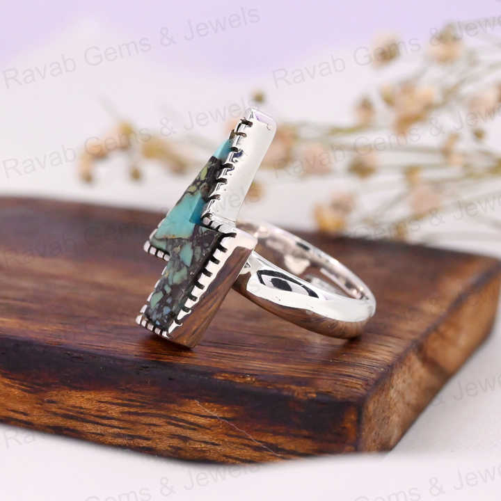 Top Selling Vintage 23x13mm Natural Mohave Turquoise High Polished 925 Silver Bezel Flash Bolt Women Ring Navajo Fine Jewelry