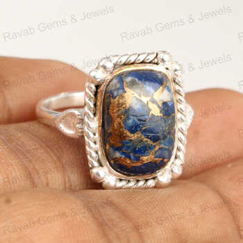 Super Quality Vintage Style Boho Women's Ring 10x14mm Octa Cushion Shape Natural Lapis Lazuli Copper 925 Sterling Silver Fine