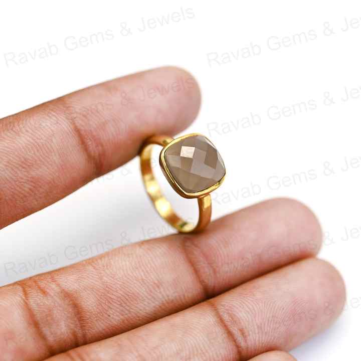 Best Selling Solid 925 Silver Fine Jewelry 12mm Grey Chalcedony Faceted Cushion Cut Gold Vermeil Eternity Band Ring for Women