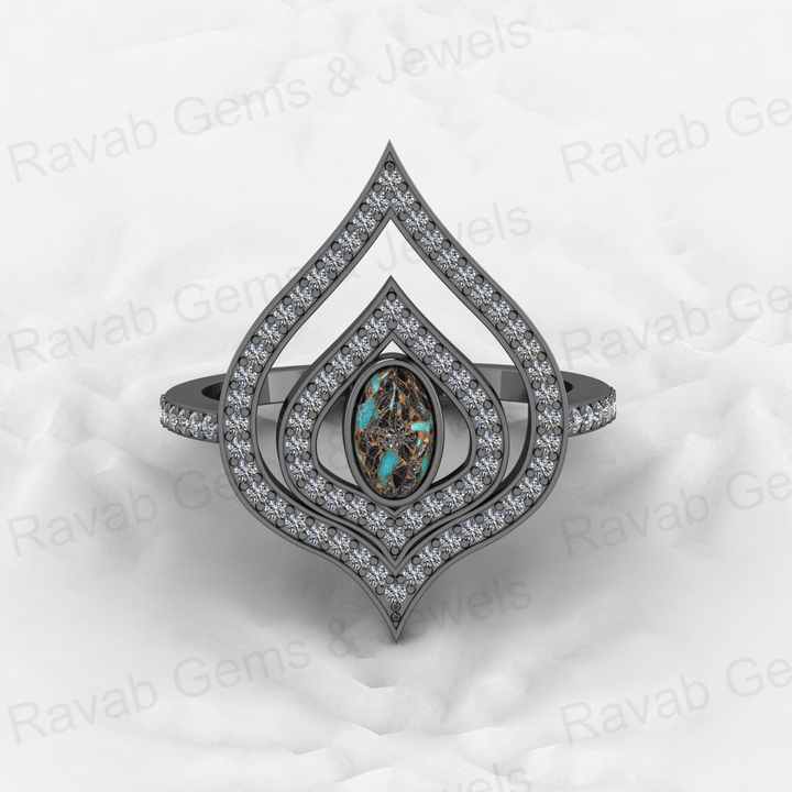 Top Selling Genuine 925 Sterling Silver Blue & Black Copper Turquoise oval 6x8mm Gemstone Bezel Setting CZ Crown Ring For Custom Jewelry
