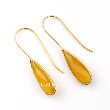 Top Selling 18K Gold Plated 925 Sterling Silver Teardrop Pear Dangle Earrings Genuine 8x25mm Yellow Chalcedony Gemstone