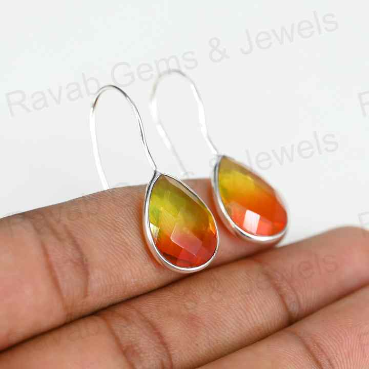 Best Quality Solid 925 Sterling Silver Watermelon Tourmaline Quartz Pear Checker Cut Dangle Drop Earring for Women Fine Jewelry