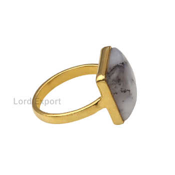 Handmade 12mm Square Bezel Setting Solid 925 Sterling Silver 18K Gold Plated Natural Dendrite Opal Fine Ring for Women