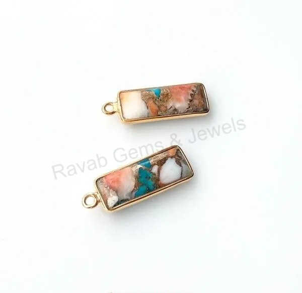 Hot Sell Spiny Oyster Copper Turquoise 6x18mm Rectangle Cut Smooth 925 Sterling Silver Gold Plated Fine Pendants Jewelry Charms
