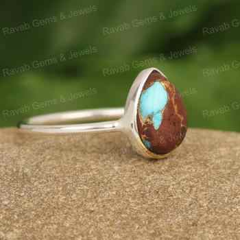 Superb Sell Natural Lava Copper Turquoise Pear Cabochon 10x14mm Solid 925 Sterling Silver Women Handcrafted Classical Ring