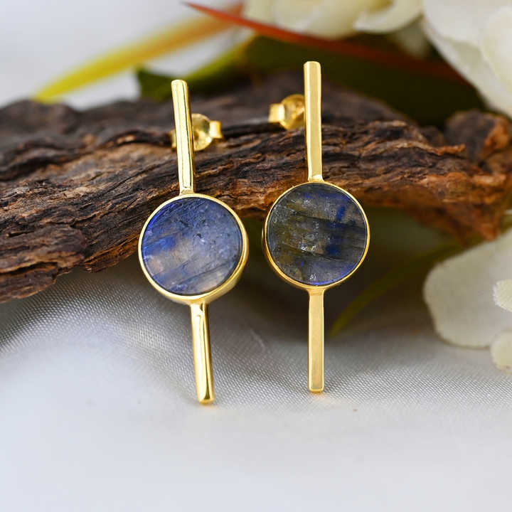Genuine Solid 925 Sterling Silver Natural Madagascar Labradorite Round Flat 10mm Bezel Setting Fine Stud Earring For Women's