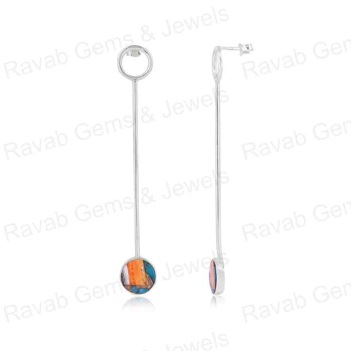 Beautiful Handmade 925 Silver 10mm Coin Mohave Spiny Oyster Copper Turquoise Stone Long Dangle Fine Jewelry Earrings for Women