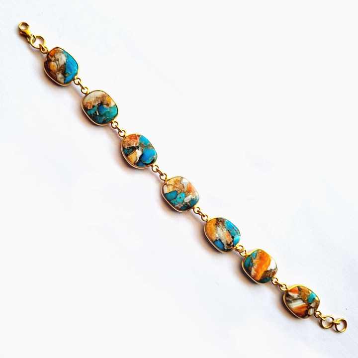 Beautiful Natural Mohave Spiny Oyster Copper Turquoise Sterling Silver Gold Plated Chain Adjustable Uneven Bracelet for Women