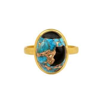 Best Selling Solid 925 Sterling Silver Blue Black Copper Kingman Turquoise 12x16mm Bezel Setting Ring for Women Handmade Jewelry