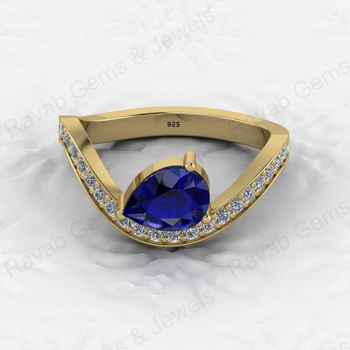 To Quality 925 Silver Faceted 6x8mm Pear Blue Sapphire Hydro With CZ Gold Vermeil Eternity Band Prong Women Ring Fine Jewelry