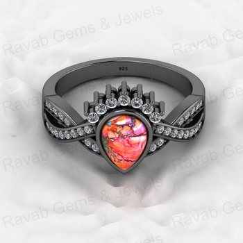 Women's High Quality 18K Gold Plated 925 Silver Crown Ring 6x8mm Pink Spiny Oyster Pear Gemstone with Twisted CZ Fine Jewelry