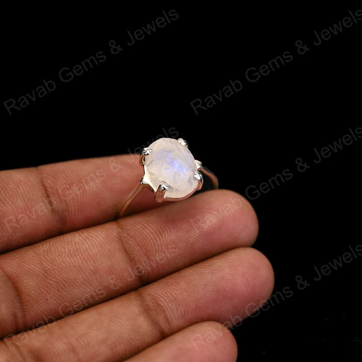 Superb Solid 925 Sterling Silver Natural Rainbow Moonstone Oval Checker Cut Prong Setting Ring for Women Fine Handmade Jewelry