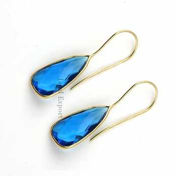 Best Selling 18K Gold Plated Genuine 925 Sterling Silver Drop Earrings London Blue Hydro Quartz Stone Fine Dangle Jewelry Women