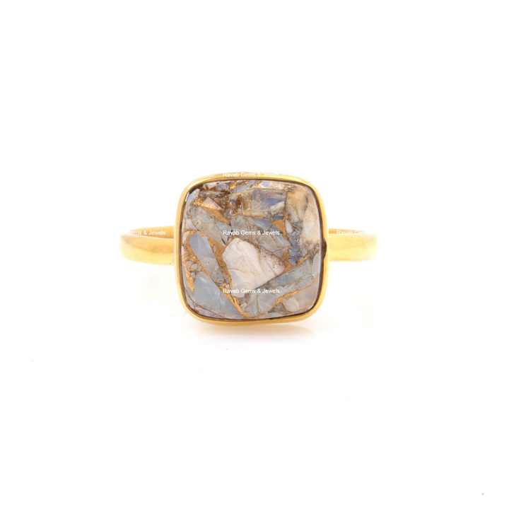 Beautiful 12mm Cushion Natural Ethiopian Opal Copper Gemstone Jewellery Polished Gold Plated Silver Dainty Boho Ring for Women