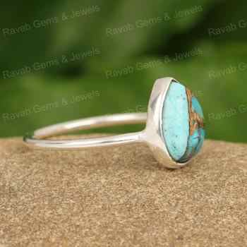Hot Selling 10x12mm Mohave Blue Copper Turquoise Gemstone Handmade 925 Silver Pear Statement Women's Ring Fine Native Jewelry