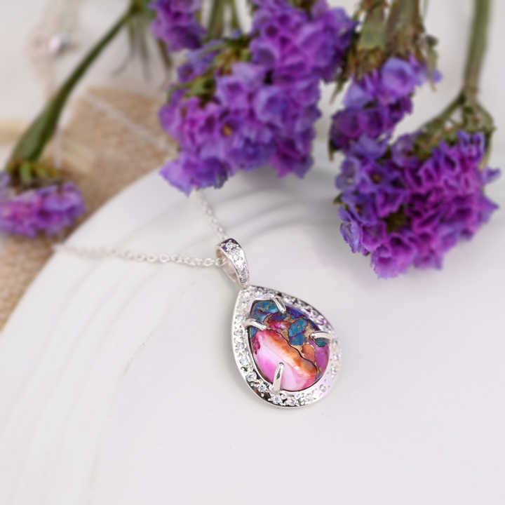 Beautiful 12x16mm Dahlia Mohave Mix Oyster Copper Turquoise With CZ 925 Silver Fine Jewelry Teardrop Pendant Necklace for Women