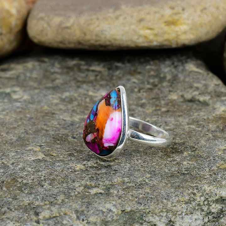 Natural Kingman Pink Dahlia Oyster Turquoise Solid 925 Sterling Silver Pear 9x12mm Bezel Setting Vintage Handmade Ring Women