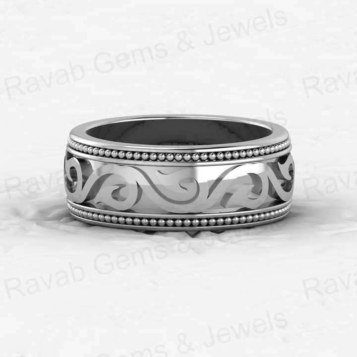 New Design Genuine 925 Sterling Silver Eternity 8mm Wide Band Gold Vermeil Floral Swirl Engraving Ring Personalized Fine Jewelry