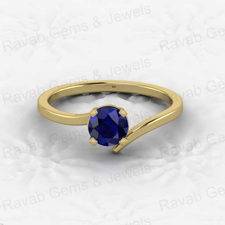 Top Quality 925 Sterling Silver 5mm Round Cut Blue Sapphire Hydro Vermeil Eternity Prong Setting Solitaire Bypass Ring for Women