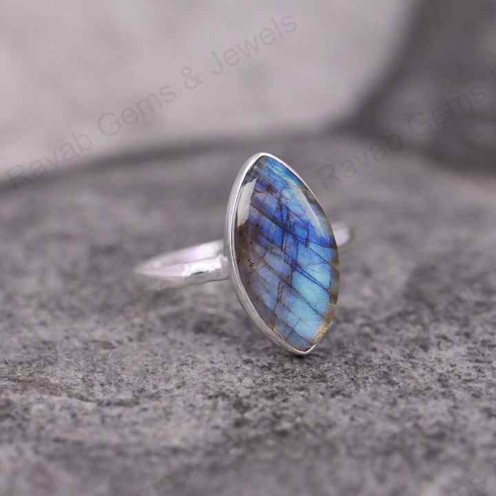 Top Quality Solid 925 Sterling Silver Natural Labradorite Marquise Shape 7x14mm Gemstone Bezel Setting Simple Band Fine Ring