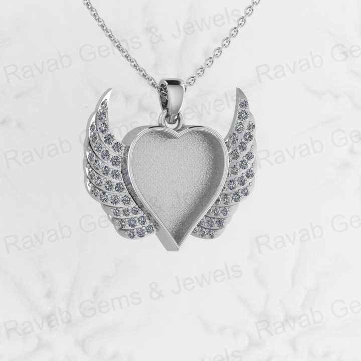 Best Selling Keepsake Jewelry Genuine 925 Silver Heart Charm Wing Pendant Base Blank Bezel Semi Mounting Stone Setting Supplier