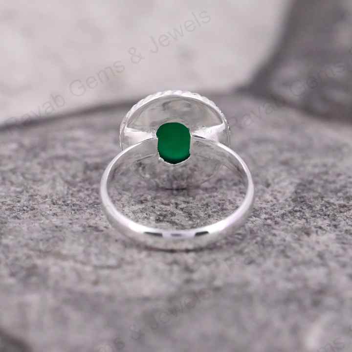 Natural Green Onyx Gemstone 8x10mm Solid 925 Sterling Silver Two Tone Bezel Setting Ring For Women Fine Handmade Jewelry