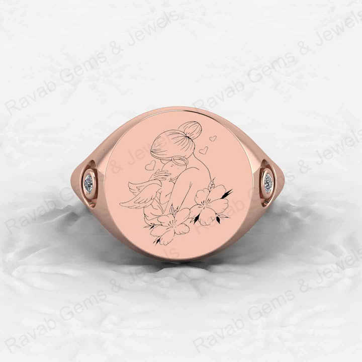 New Arrival Solid 925 Sterling Silver Engraved Style CZ Mother Holding Baby Signet Ring for Men's Fine Handmade Jewelry