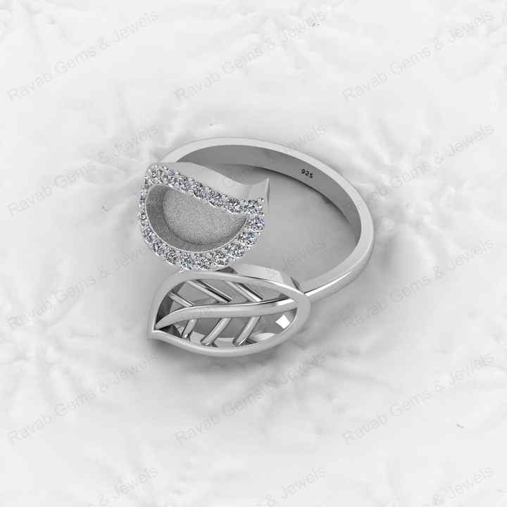 Genuine 925 Silver Nature Inspired Leaf With CZ Semi Mount Blank Setting Ring Good for Resin & Ashes Work Keepsake DIY Jewelry