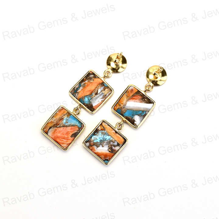 New Arrival Solid 925 Sterling Silver Natural Spiny Oyster 10mm Square Smooth 18k Gold Plated Dangle Drop Fine Earring for Women