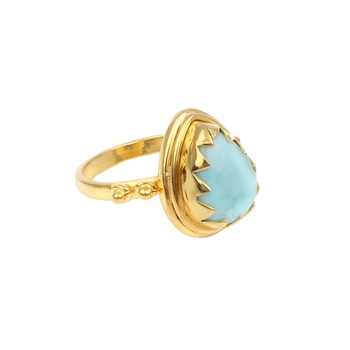 Best Selling 10x14mm Natural Dominican Larimar Gemstone Handmade Gold Vermeil Bezel Pear Shape Statement Women Ring Fine Jewelry