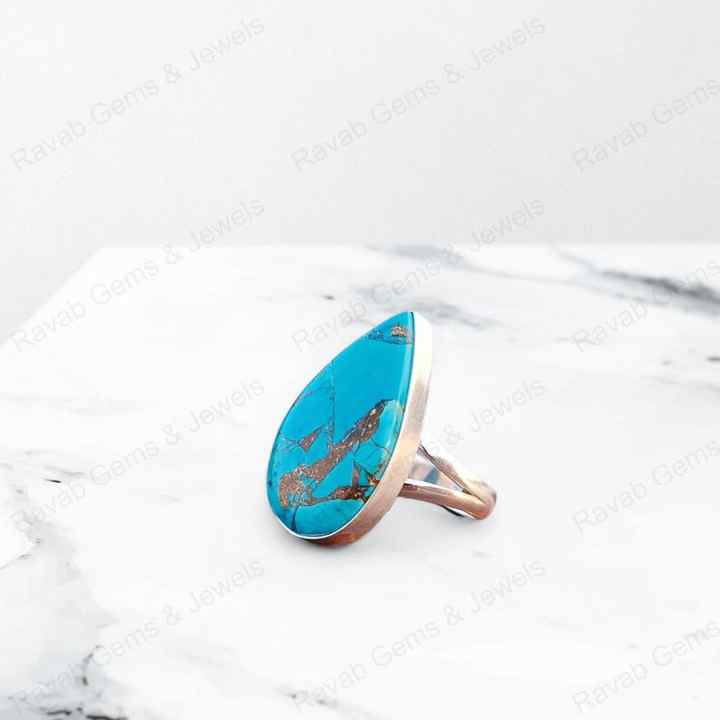 Top Quality Solid 925 Sterling Silver Natural Blue Copper Turquoise Pear 16x22mm Bezel Setting Women Wedding Ring Christmas
