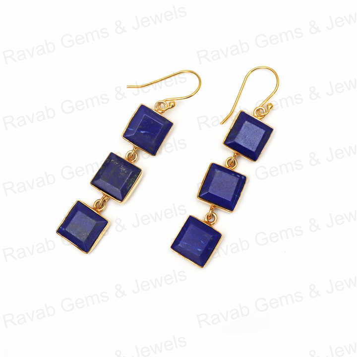 New Arrival Solid 925 Sterling Silver Natural Lapis Lazuli 10mm Square Cut 18k Gold Plated Dangle Drop Fine Earring for Women