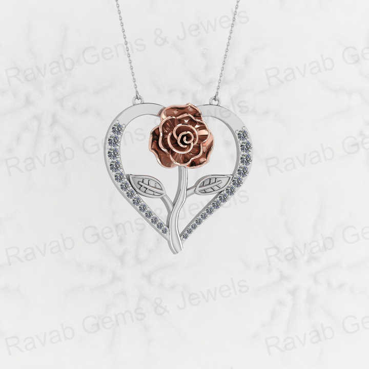 Beautiful 925 Silver 30mm Rose Leaf Flower in Heart CZ Valentines Day Dainty Pendant Necklace Personalized Love Keepsake Jewelry