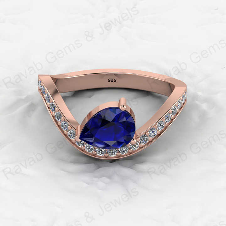 To Quality 925 Silver Faceted 6x8mm Pear Blue Sapphire Hydro With CZ Gold Vermeil Eternity Band Prong Women Ring Fine Jewelry