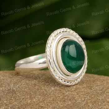 New Arrival Natural Green Onyx 8x10mm Oval Shape Multi Bezel Solid 925 Sterling Silver Ultimate Designer Women Handmade Ring