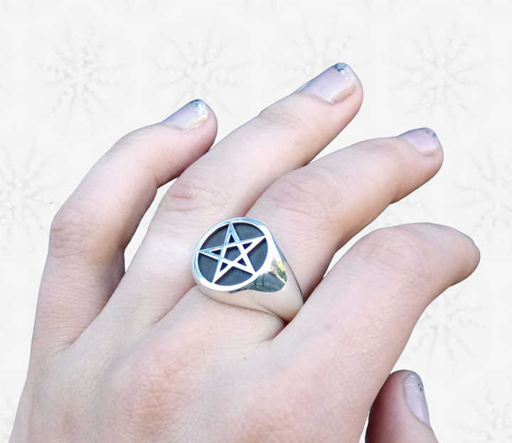Christmas Sale Solid 925 Sterling Silver Pentacle Star Signet Engraving Signet Ring for Women & Men Fine Handmade Unique Gifts