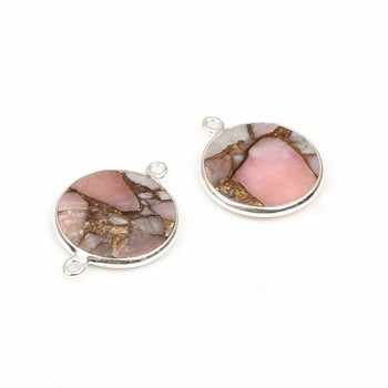 925 Sterling Silver Fine Pendants Charms 12mm Coin Pink Opal Copper Composite Gemstone Bezel Connector Pendant Necklace Gold
