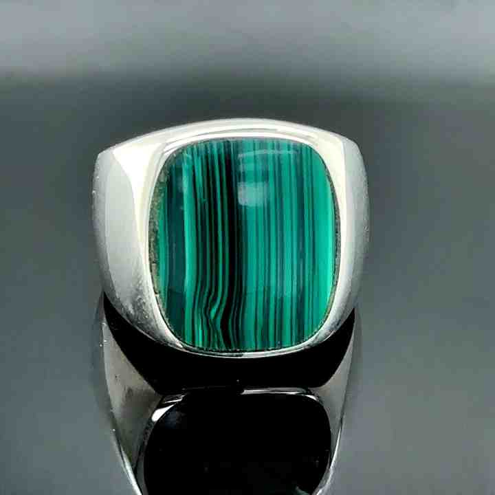 925 Sterling Silver Natural Malachite Cushion Shape 10x15mm Flat Bezel Setting Classical Men's Signet Ring Handmade Jewelry
