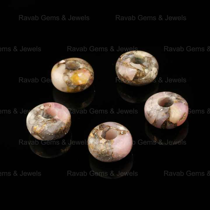 14x8mm Natural Pink Opal Coral Copper Composite Smooth Rondelle 5mm Big Hole Gemstone Beads for Jewelry Making Wholesale Price