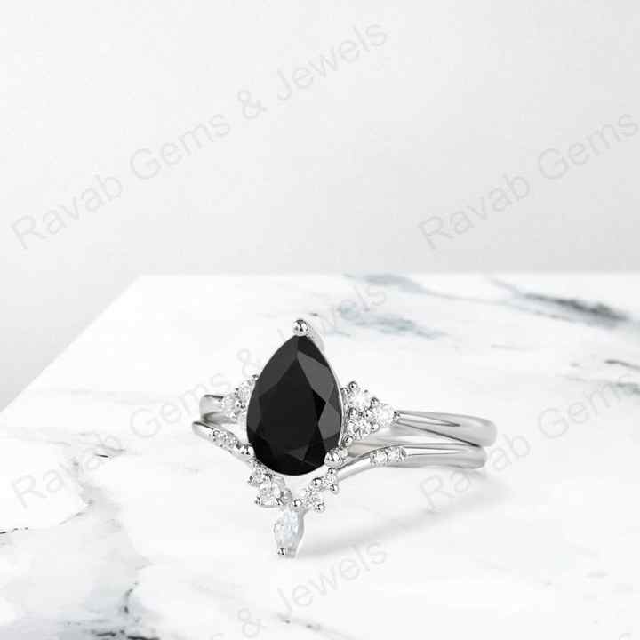 Best Quality 925 Sterling Silver Natural Black Onyx 7x9mm Pear Marquise Bridal Set Ring for Women Handmade Fine Luxury Jewelry